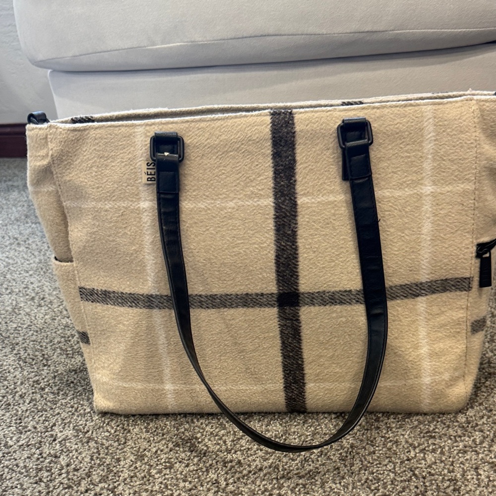 BEIS Beige Plaid Tote with Black Handles - Picture 8 of 16